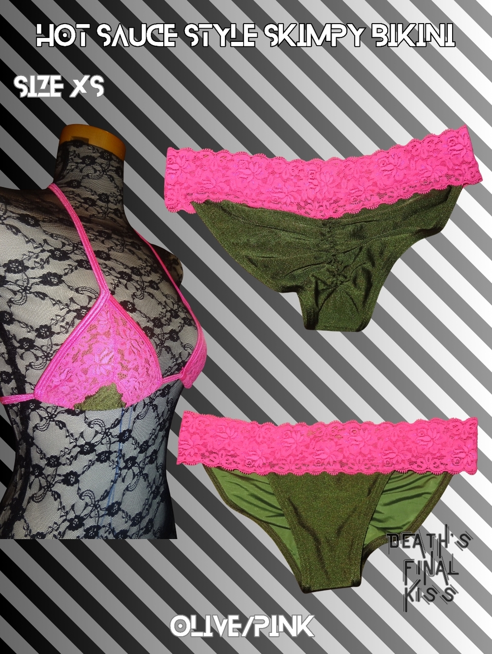 RARE Hot Sauce Style Sexy Olive Green Pink Lace Skimpy Ruched Cheeky Bikini XS